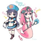  alternate_color alternate_costume black_hair blue_eyes blue_hat blush breasts caitlyn_(league_of_legends) character_name chibi cleavage copyright_name hat koi_nami konatsu_miyu league_of_legends long_hair medium_breasts mermaid midriff monster_girl multiple_girls nami_(league_of_legends) navel officer_caitlyn open_mouth pink_hair police police_uniform small_breasts staff stomach uniform 