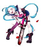  alternate_costume blood blue_hair blue_skirt boots braid chainsaw fangs full_body gloves gwayo holding holding_weapon jinx_(league_of_legends) league_of_legends long_sleeves open_mouth pink_eyes school_uniform shirt skirt solo twin_braids weapon white_background white_shirt yandere 