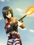  3d belt black_hair blur emblem gun jejedeath mikasa_ackerman military military_uniform paradis_military_uniform scarf shingeki_no_kyojin short_hair shotgun skirt survey_corps_(emblem) uniform weapon 