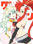  2girls armlet artist_request bikini_top hair_ornament holding_hands long_hair multicolored_hair multiple_girls nia_teppelin ponytail red_hair scarf short_shorts shorts skull_hair_ornament smile symbol-shaped_pupils tegaki tengen_toppa_gurren_lagann two-tone_hair yellow_eyes yoko_littner 