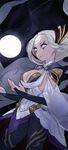  alternate_costume blue_eyes breasts bridal_gauntlets cleavage diana_(league_of_legends) facial_mark glowing grey_skin gwayo highres league_of_legends long_hair medium_breasts pants shirt silver_hair smile solo white_shirt 
