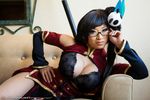  asian blazblue bra breasts cleavage cosplay glasses large_breasts litchi_faye_ling long_hair staff underwear yaya_han 