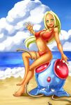  1girl beach bikini blonde_hair dark_skin feet green_eyes long_hair navel npc_trainer ocean pokemon pokemon_(game) pokemon_xy smile swimmer_(pokemon) swimsuit tan tentacle tentacool toes water waving 