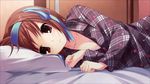  1girl arms artist_request bangs bed bed_sheet blush bra breasts brown_eyes brown_hair bust buttons collarbone female fingernails hair_ribbon hairband hands heart highres indoors long_image long_sleeves looking_at_viewer lying on_side pajamas papa_no_iu_koto_wo_kikinasai! pillow pink_bra plaid plaid_shirt ribbon sad shiny shiny_hair shirt short_hair solo takanashi_sora tall_image underwear upper_body wall wallpaper wide_image 