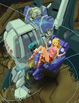  1girl blonde_hair blue_eyes breasts camisole cockpit cross-laced_footwear elle_vianno gundam gundam_mk_ii gundam_zz hangar indoors large_breasts legs looking_at_viewer mecha no_bra open_mouth ponytail sandals shorts sitting smile solo underboob zeta_gundam_(mobile_suit) 