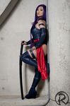  1girl cosplay katana long_boots marvel photo psylocke purple_hair standing sword weapon x-men yaya_han 