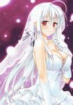  ahoge breasts bridal_veil cleavage commentary_request dress fujiwara_minaho gloves grey_hair jewelry large_breasts long_hair looking_at_viewer marker_(medium) red_eyes ring smile solo tears traditional_media veil vocaloid voyakiloid watermark wedding_band wedding_dress white_gloves yowane_haku 
