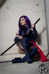  1girl cosplay high_heels katana long_boots marvel photo psylocke purple_hair sitting solo sword thighhighs weapon x-men yaya_han 