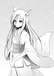  animal_ears asakurashinji blush fox_ears fox_tail greyscale highres hishamaru japanese_clothes long_hair monochrome ribbon smile solo spoilers tail tokyo_ravens wide_sleeves 