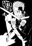  alexander_anderson bad_id bad_pixiv_id bayonet black_background buttons cloak cross glasses gloves greyscale grin hellsing highres male_focus monochrome scar smile solo spirytus_tarou steam_from_mouth teeth weapon 