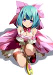  ange_vierge bad_id bad_pixiv_id bow breasts cleavage dress green_hair highres jewelry large_breasts magical_girl no_nose pendant pink_bow pink_eyes short_hair smile solo toru_k v_arms wand 