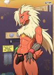  abs anthro avian balls biceps bird blaziken blue_eyes bulge chicken claws clothing covered_glory_hole covering dressing_room erection fur glory_hole hair horn jockstrap long_hair male muscles navel near_nude near_nudity nintendo open_mouth pecs penis pok&#233;mon pok&#233;morph pok&eacute;mon pok&eacute;morph red_fur smile solo standing taped_over taped_over_glory_hole topless underwear video_games yellow_sclera zenmigawa 