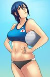  ayuhara_natsu bandaid bandaid_on_nose beach_volleyball blue_eyes blue_hair breasts cleavage greenmarine highres japan japanese_flag justice_gakuen large_breasts shiritsu_justice_gakuen short_hair solo swimsuit tankini volleyball 