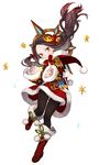  alternate_costume black_hair black_legwear boots christmas dress frown full_body green_eyes gwayo highres irelia league_of_legends long_hair long_sleeves pantyhose pom_pom_(clothes) red_dress solo white_background 