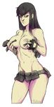  alexander_rubzow alternate_costume artist_name belt black_hair breasts cropped_legs dressing duplicate eyebrows fingerless_gloves gloves groin holster kill_la_kill kiryuuin_satsuki large_breasts long_hair nipples no_panties shoulder_holster solo thick_eyebrows transparent_background utility_belt 