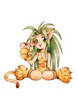  animal_ears animal_print cat_ears cham_cham fang gloves green_eyes green_hair long_hair official_art open_mouth paw_gloves paw_shoes paws samurai_spirits shoes snk solo tail tiger_print 