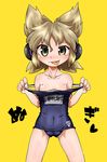  :p bare_shoulders blonde_hair byourou cameltoe collarbone earmuffs looking_at_viewer one-piece_swimsuit school_swimsuit simple_background solo strap_pull swimsuit swimsuit_pull tongue tongue_out touhou toyosatomimi_no_miko wet yellow_background yellow_eyes 
