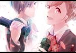  1girl blue_eyes blue_hair bow brown_hair cherry_blossoms female_protagonist_(persona_3) persona persona_3 persona_3_portable red_eyes ribbon school_uniform slee smile yuuki_makoto 