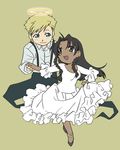  1boy 1girl alphonse_heiderich anklet blonde_hair blue_eyes blush braid brown_hair chibi conqueror_of_shambala dark_skin dress dress_shirt earrings fullmetal_alchemist grey_eyes halo hand_holding jewelry long_hair looking_at_another noah_(fma) open_mouth shirt short_hair simple_background smile suspenders white_dress 