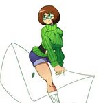  belt breasts brown_hair glasses green-framed_eyewear green_shirt large_breasts letter nikki_(swapnote) ribbed_sweater shining_dazzler shirt short_hair shorts smile solo swapnote sweater turtleneck 