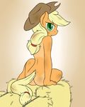  anthro applejack_(mlp) blonde_hair equine facing_away fearingfun female friendship_is_magic green_eyes hair horse looking_at_viewer looking_back mammal my_little_pony nude pony sitting smile solo tan_line 