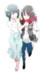  alternate_costume alternate_hairstyle blue_skirt casual hakka_ame_(cuntrymamu) jacket kill_la_kill kiryuuin_satsuki letterman_jacket long_skirt matoi_ryuuko multiple_girls scarf shirt short_hair skirt smile spoilers 