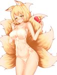  animal_ears blonde_hair blush box breasts chocolate collarbone fox_ears fox_tail gift gift_box heart highres kuroleo large_breasts looking_at_viewer multiple_tails naked_chocolate nude sexually_suggestive simple_background solo suggestive_fluid tail touhou valentine white_background white_chocolate yakumo_ran yellow_eyes 