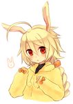  :&lt; ahoge alternate_costume animal_ears blazblue blonde_hair bunny_ears lambda-11 long_hair red_eyes solo yuya_(oshidori) 