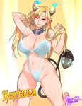  1girl agawa_ryou areolae blonde_hair breasts curvy demon_girl demon_tail earrings female freckles horns huge_breasts jewelry kneeling lingerie lips long_hair navel necklace nipples pointy_ears pussy red_eyes see-through solo succubus tail uncensored underwear 