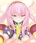  :q bad_id bad_pixiv_id blue_eyes breasts cum cum_on_body cum_on_breasts cum_on_hair cum_on_upper_body highres karucho long_hair megurine_luka musical_note naughty_face nipples penis pink_hair solo_focus tongue tongue_out torn_clothes vocaloid 