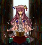  book bow crescent crescent_hair_ornament dress hair_bow hair_ornament hat highres hinami047 library long_hair magic minecraft mob_cap patchouli_knowledge purple_eyes purple_hair solo touhou 
