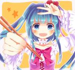  :d blue_eyes blue_hair bow choker chopsticks flower furudo_erika hair_flower hair_ornament nakamura_nano open_mouth rose smile solo twintails umineko_no_naku_koro_ni v v-shaped_eyebrows 