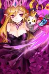  bare_shoulders bird blonde_hair choker clenched_teeth crown dress elbow_gloves flower frills gloves gmanee highres horns jewelry lilith_(p&amp;d) long_hair owl pointy_ears purple_dress purple_eyes puzzle_&amp;_dragons smile solo strapless strapless_dress teeth 