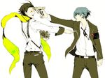  armband black_hair blood blue_eyes blue_hair bow evoker flower gun gun_to_head holding holding_gun holding_weapon iriya_(lonesome) mochizuki_ryouji multiple_boys persona persona_3 ribbon scarf school_uniform simple_background smile suspenders weapon yuuki_makoto 