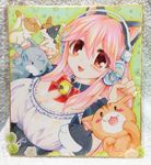  :3 :d animal_ears blush breasts cat cat_ears cleavage headphones kurimochi_chizuru large_breasts long_hair looking_at_viewer nitroplus open_mouth pink_hair red_eyes shikishi smile solo super_sonico traditional_media 