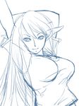  arms_up ayongu_(gayogayo) breasts elf gate_-_jieitai_ka_no_chi_nite_kaku_tatakaeri highres large_breasts long_hair monochrome pointy_ears shirt sketch smile solo stretch t-shirt tuka_luna_marceau upper_body 