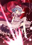  abusoru ascot bat_wings blue_eyes dress full_moon hand_in_hair hat hat_ribbon looking_at_viewer mary_janes mob_cap moon night pink_dress pink_eyes puffy_sleeves red_moon remilia_scarlet ribbon sash shoes short_sleeves sky smile solo spear_the_gungnir touhou wings wrist_cuffs 