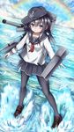  akatsuki_(kantai_collection) black_hair black_legwear hat highres kantai_collection kyuupura long_hair pantyhose rainbow school_uniform serafuku solo water 