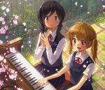  bad_id bad_pixiv_id black_hair blue_eyes braid brown_hair dress flower instrument itou_hachi long_hair multiple_girls original piano purple_eyes sitting smile twin_braids twintails 