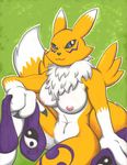  anthro boxice breasts canine digimon female fox gloves happy long_ears looking_at_viewer mammal navel nipples nude renamon sitting smile solo 