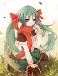  bondson green_eyes green_hair hair_ribbon hatsune_miku long_hair pantyhose red_scarf ribbon scarf skirt solo striped twintails vertical-striped_skirt vertical_stripes very_long_hair vocaloid 