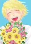  aa_rin bad_id bad_pixiv_id blonde_hair blush bouquet closed_eyes flower kuma_(persona_4) male_focus open_mouth persona persona_4 smile solo sunflower 