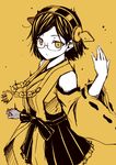  bare_shoulders glasses hairband kantai_collection kirishima_(kantai_collection) kouji_(campus_life) looking_at_viewer monochrome nontraditional_miko short_hair skirt solo spot_color yellow 