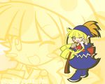  ;d blonde_hair blue_dress blue_eyes blue_footwear blush_stickers boots bow broom dress hat long_hair madou_monogatari official_style one_eye_closed open_mouth puyopuyo smile solo witch_(puyopuyo) y&amp;k yellow_background zoom_layer 