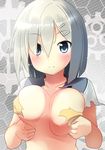  bell_(oppore_coppore) blush breasts grey_background hair_ornament hair_over_one_eye hairclip hamakaze_(kantai_collection) kantai_collection large_breasts looking_at_viewer short_hair silver_hair solo torn_clothes 