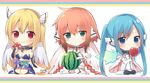  :&gt; astraea blonde_hair blue_eyes blue_hair breasts brown_hair candy_apple chibi cleavage collar eating food fruit green_eyes ikaros long_hair medium_breasts mishima_kurone multiple_girls mushroom nymph_(sora_no_otoshimono) red_eyes robot_ears sora_no_otoshimono twintails v-shaped_eyebrows watermelon wings 