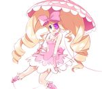  aki_(mare_desiderii) big_hair blonde_hair blue_eyes boots bow dress drill_hair earrings eyepatch hair_bow harime_nui heart highres jewelry kill_la_kill long_hair pink_bow pink_footwear smile solo strapless strapless_dress string twin_drills twintails umbrella wrist_cuffs 