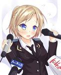  blonde_hair blue_eyes blush breasts epaulettes folded_ponytail folko medium_breasts microphone military military_uniform natalia_poklonskaya necktie open_mouth real_life sexually_suggestive short_hair simple_background solo tears uniform upper_body 