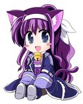  animal_ears bell blue_eyes blush_stickers buckle cat_ears cat_tail chibi hair_ribbon hairband kemonomimi_mode kuromitu_(kageneko) long_hair long_sleeves lyrical_nanoha magical_girl mahou_shoujo_lyrical_nanoha_innocent open_mouth pantyhose ponytail purple_hair ribbon shoes sitting sleeves_past_wrists solo tail tsukimura_suzuka very_long_hair wide_sleeves 