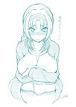  blush breasts covering covering_breasts d-frag! embarrassed female fue_(rhomphair) large_breasts monochrome solo takao_(d-frag!) track_suit white_background 